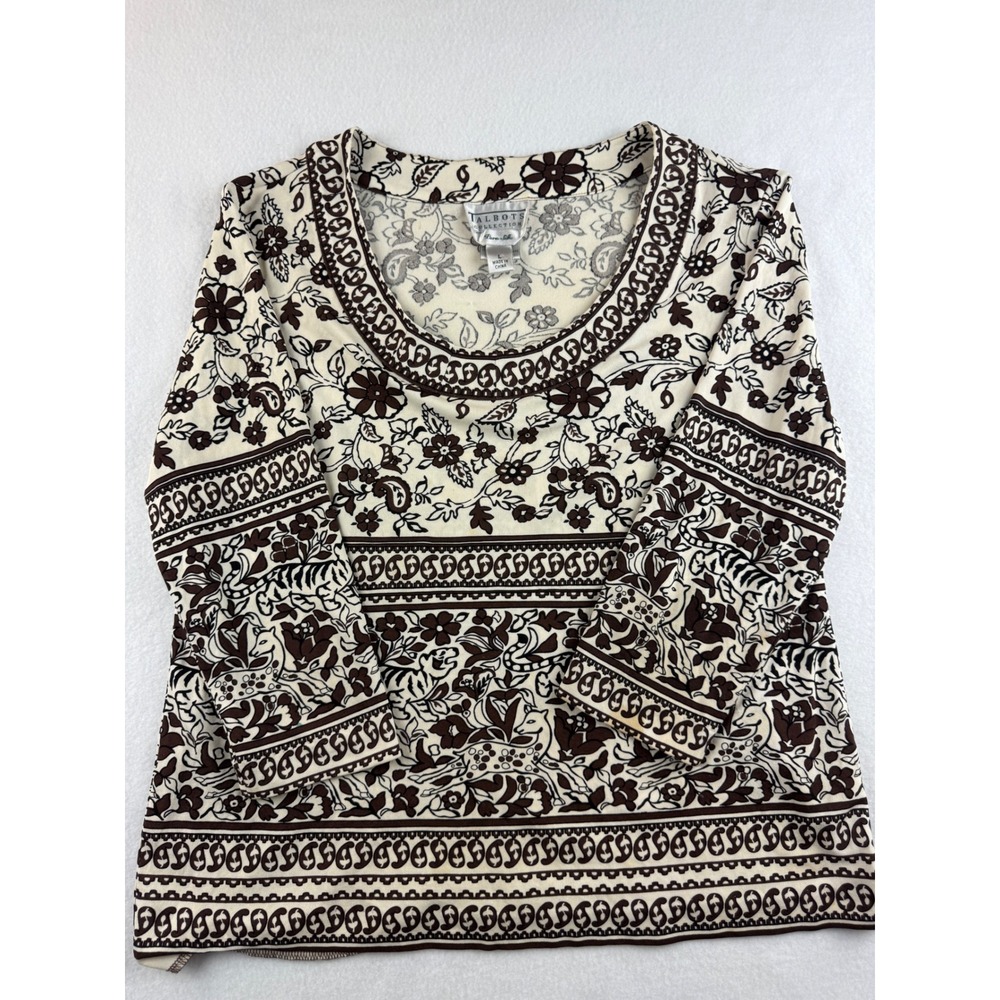 Talbots Collection Silk Top L Brown Floral Paisley Print Long Sleeve Blouse‎
